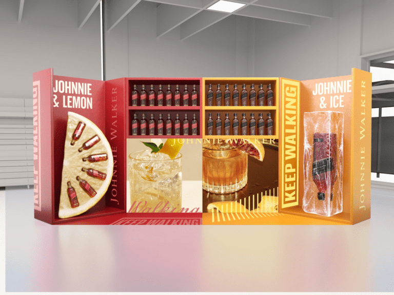 Johnnie Walker display with bottles, cocktail images, and 'Johnnie & Lemon' and 'Johnnie & Ice' promotional signs.